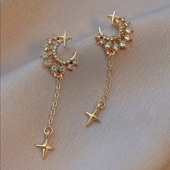Gold Celestial Crystal Moon Chain Dangle Earrings - Picture 4 of 6